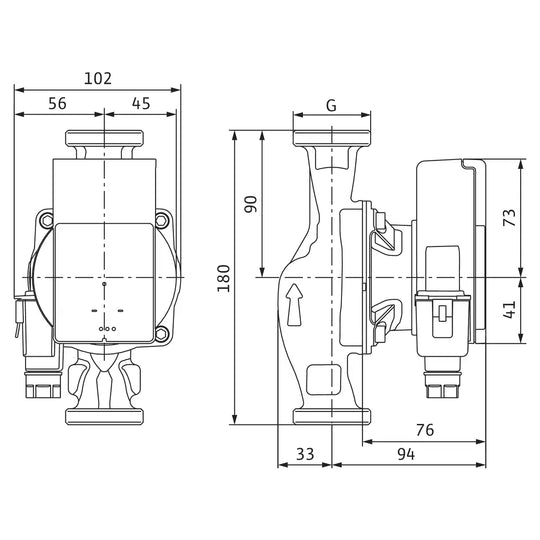 Plano de dimensiones de la Wilo Atmos PICO 25/1-6 180 y 30/1-6 180 con 180 mm entre bocas