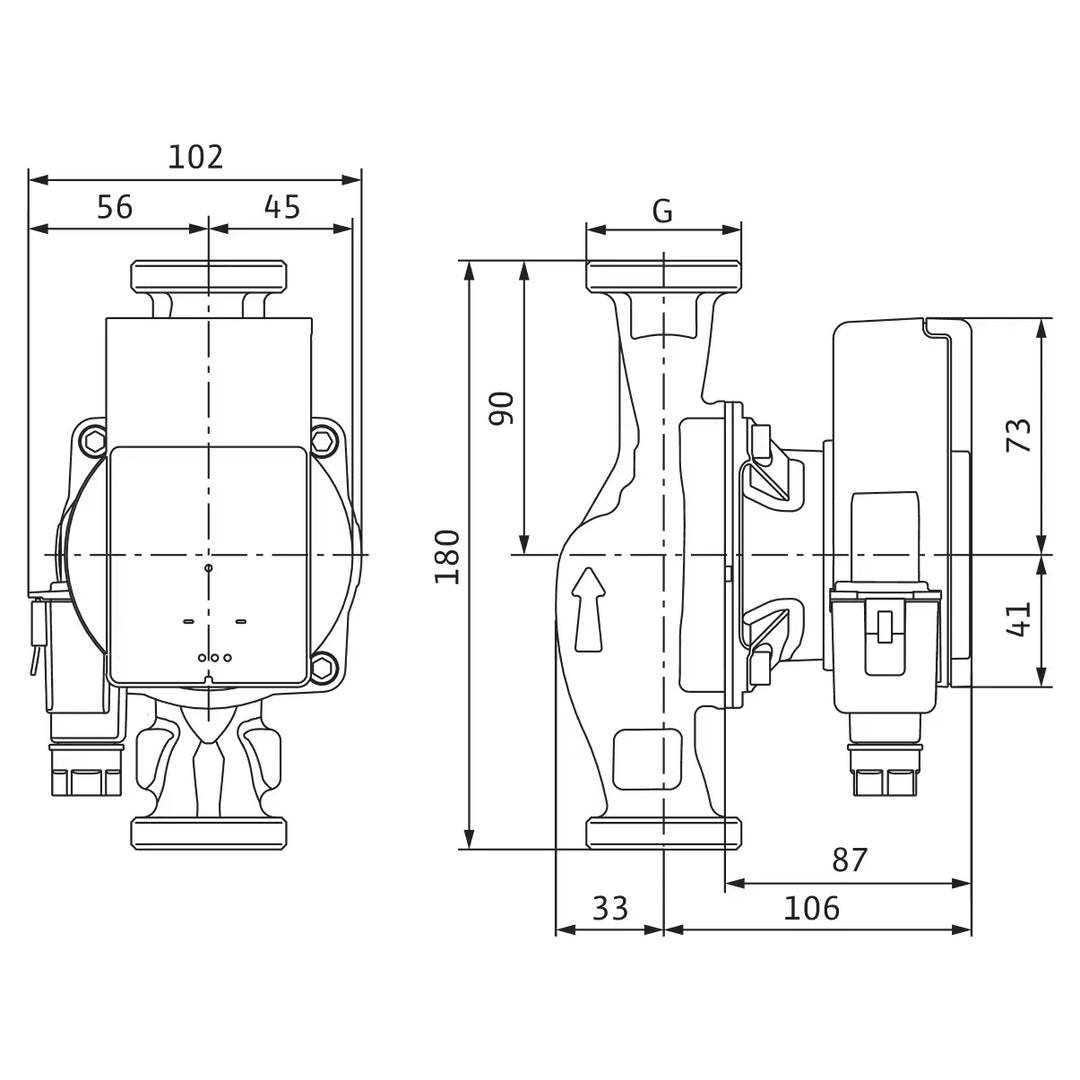Plano de dimensiones de la Wilo Atmos PICO 25/1-8 180 y 30/1-8 180 con 180 mm entre bocas