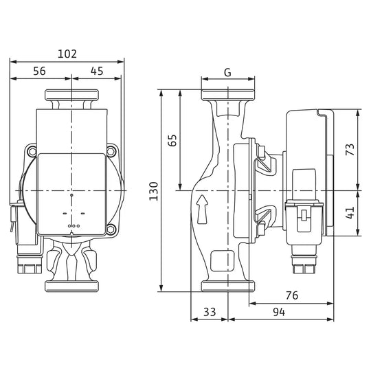 Plano de dimensiones de la Wilo Atmos PICO con 130 mm entre bocas, modelos 15/1-6 y 25/1-6 130