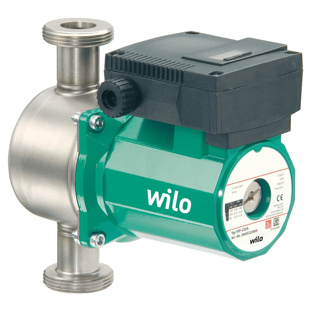 Wilo TOP-Z 25/6 circulator pump with stainless steel body and threaded connections, side view