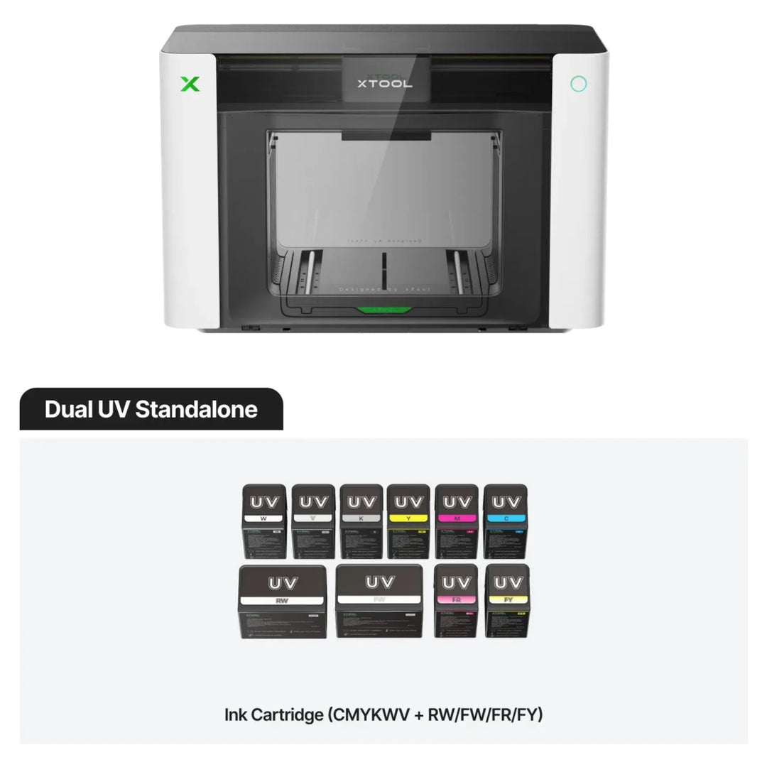 Impresora UV xTool O1 Omni edición Dual-Head UV con cartuchos CMYKWV, blancos y fluorescentes incluidos