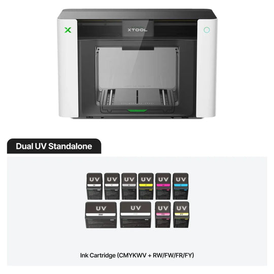 Impresora UV xTool O1 Omni edición Dual-Head UV con cartuchos CMYKWV, blancos y fluorescentes incluidos
