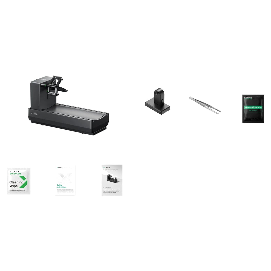 Contenido de la caja del xTool OR1: rotativo, contrapunto, toallitas, guía de seguridad y guía rápida